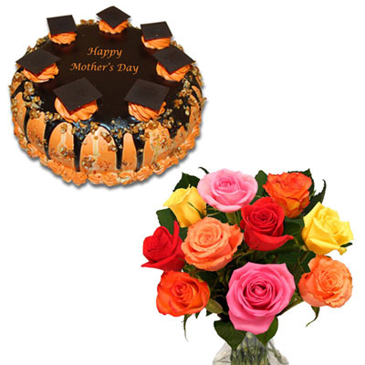 "Chocolate cake - 1kg, 12 Mixed Roses Flower Bunch - Click here to View more details about this Product